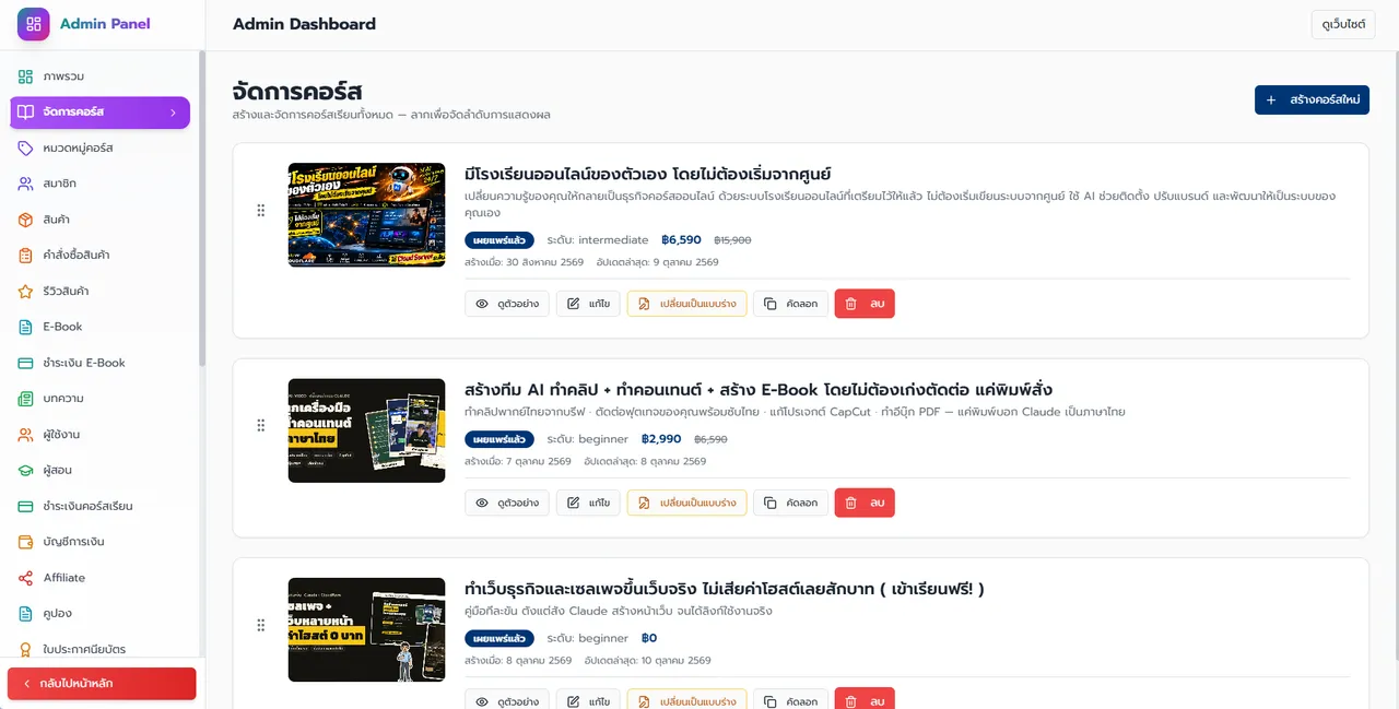 หน้า Admin Panel จัดการคอร์ส